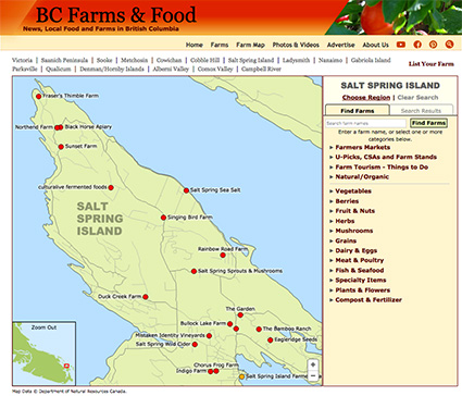 The north Salt Spring Island region of the Vancouver Island Farms & Food Map. Users can search for hundreds of local farm products.