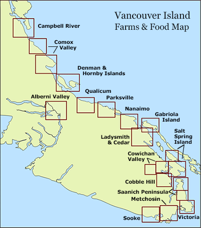 The Vancouver Island Farms & Food Map, showing farm map regions throughout Vancouver Island, including Salt Spring Island, Gabriola Island, Denman Island and Hornby Island.