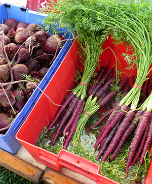 Red beets and carrots at Vancouver Island farmers markets.