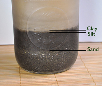 Soil and water in a jar with indicator lines to show how the soil composition - Three Simple Ways to Test Your Soil